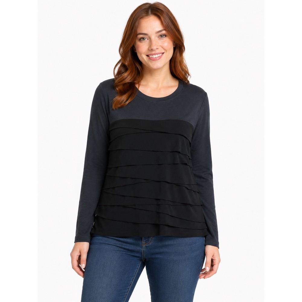 Tribeca Studio Black Ruffle Front Long‎ Sleeve Crew Neck Top XL Minimalist